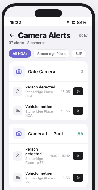 HOA Alchemy mobile app — camera alerts dashboard