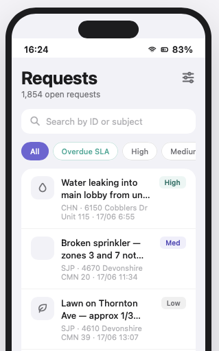 HOA Alchemy mobile app — open service requests dashboard